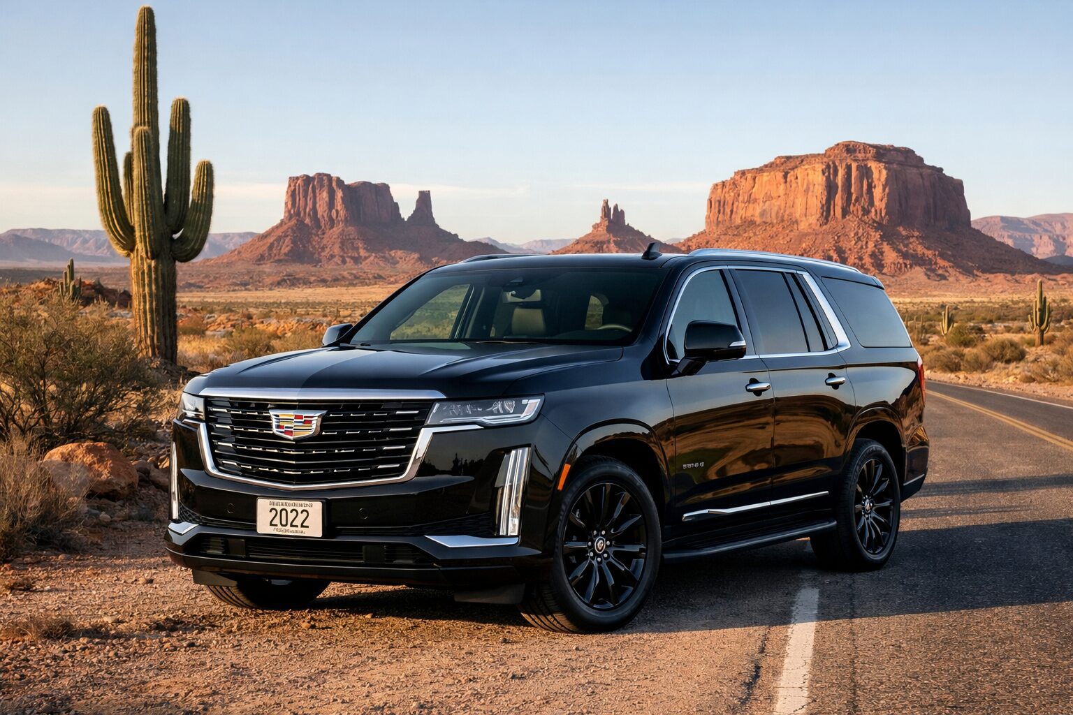 Black Cadillac SUV on a desert road with rock formations.