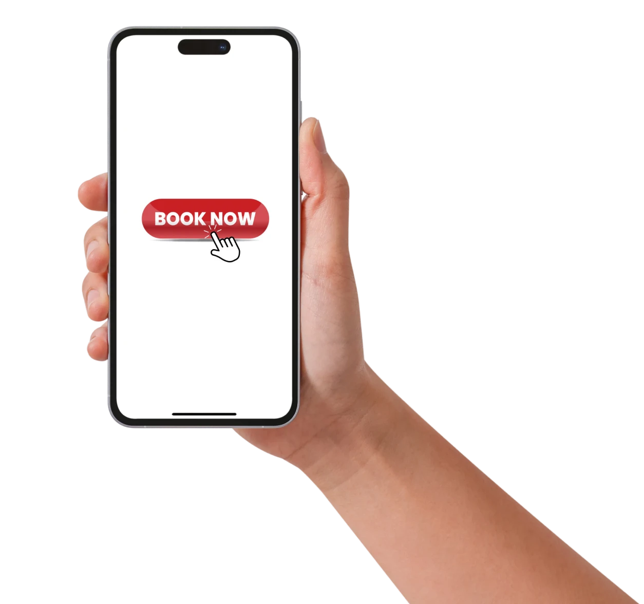Hand holding phone with "Book Now" button
